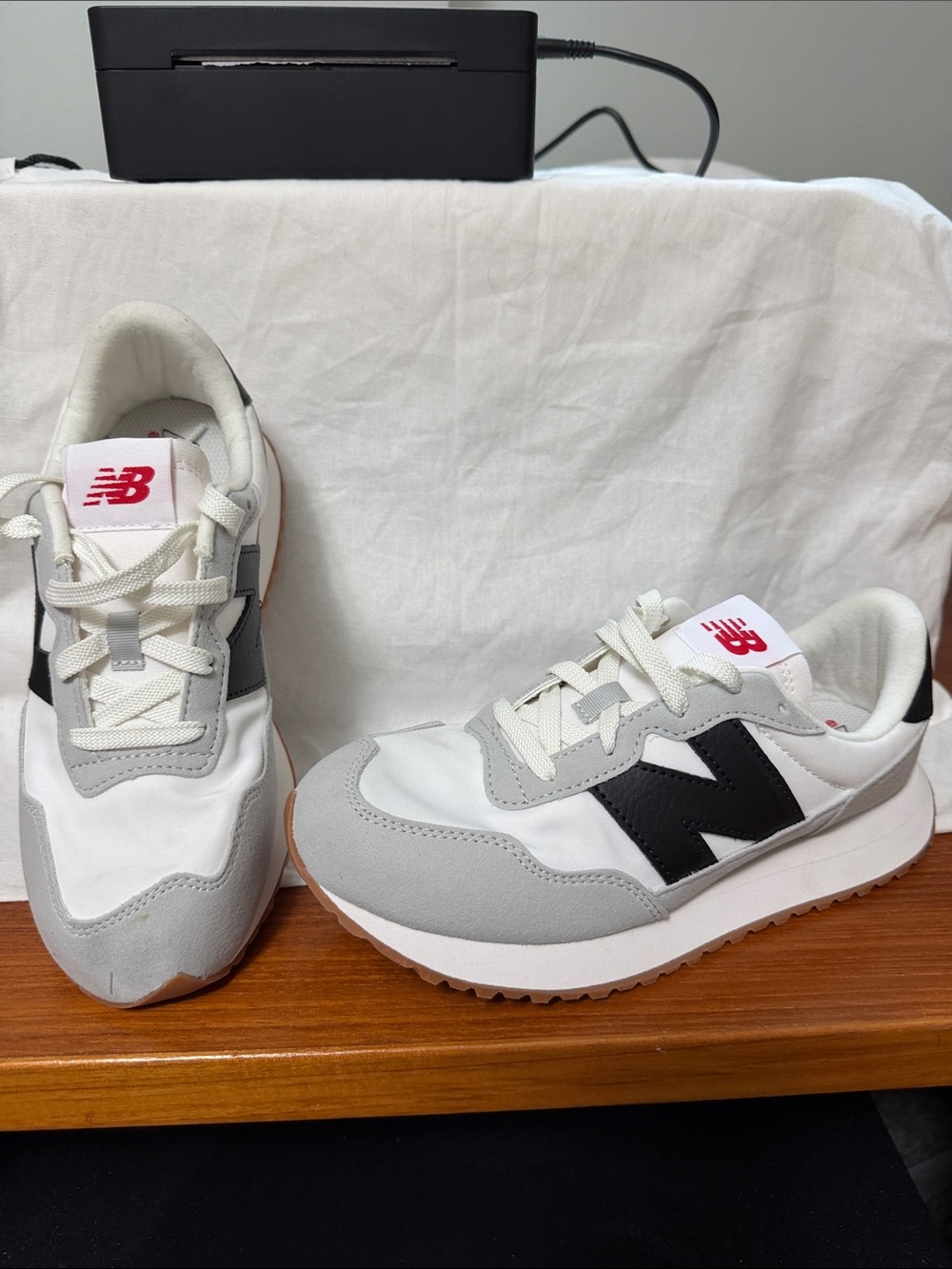 New Balance White, Gray & Black Retro Runner with Pink Logo